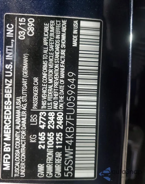 2015 Mercedes-Benz C 300 4Matic z USA, uszkodzony, nr VIN 55SWF4KB7FU059649